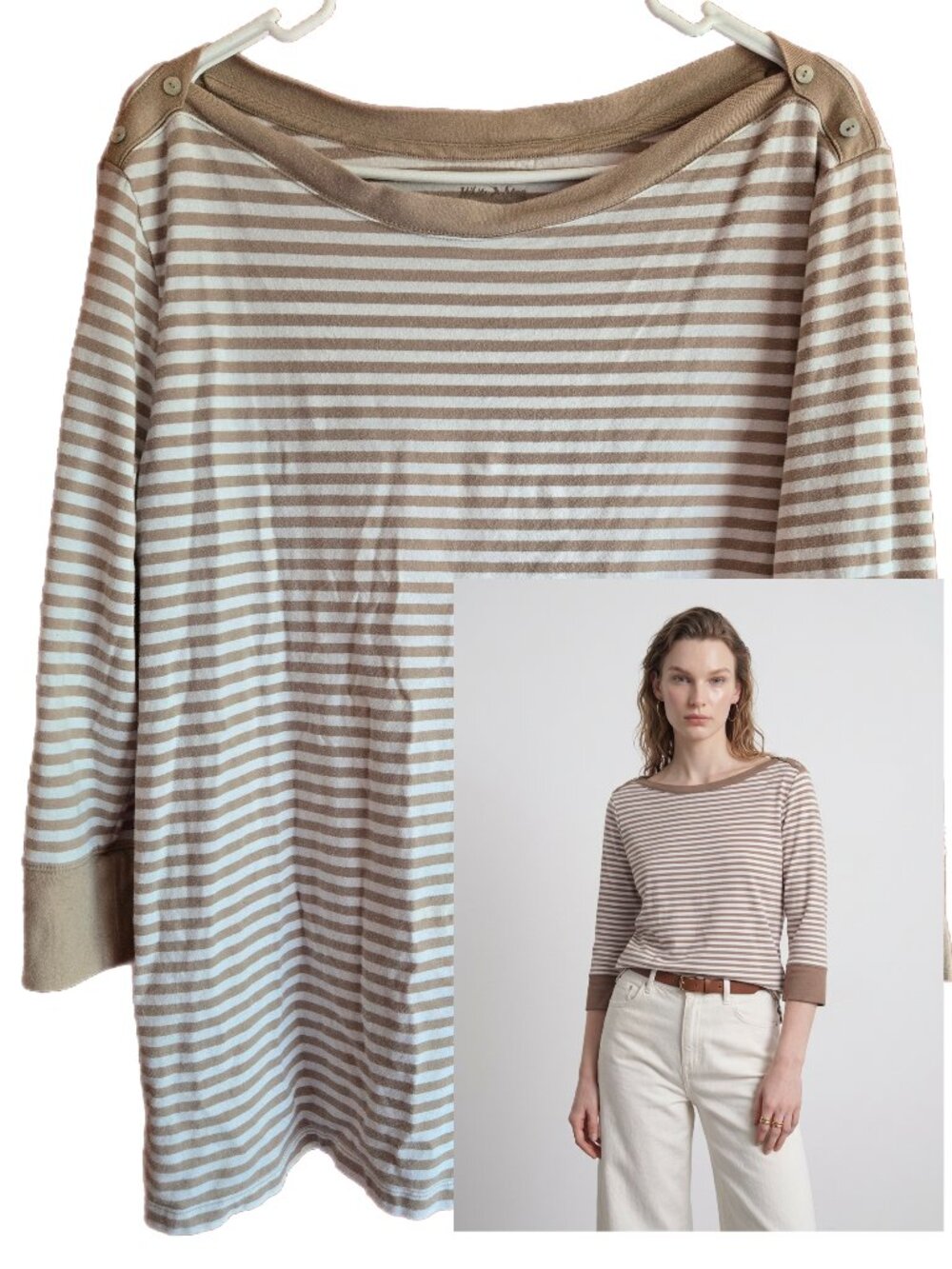 White Stag Women's XL (16-18) Tan And White Striped Cotton 3/4 Sleeve Top